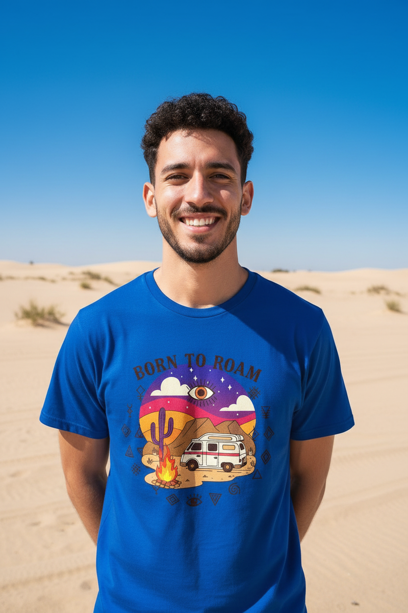 Born to roam camper van life graphic tee with Amazigh motif by Pause Caravan Collective