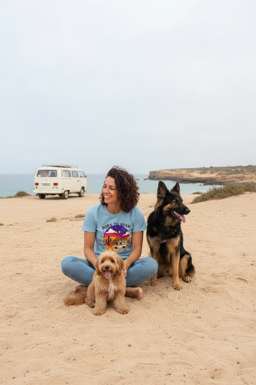 Born to roam camper van life graphic tee with Amazigh motif by Pause Caravan Collective