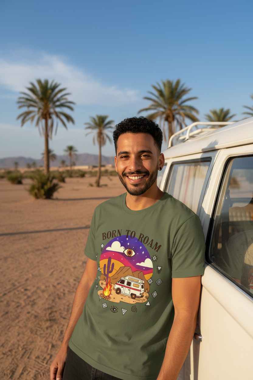 Born to roam camper van life graphic tee with Amazigh motif by Pause Caravan Collective