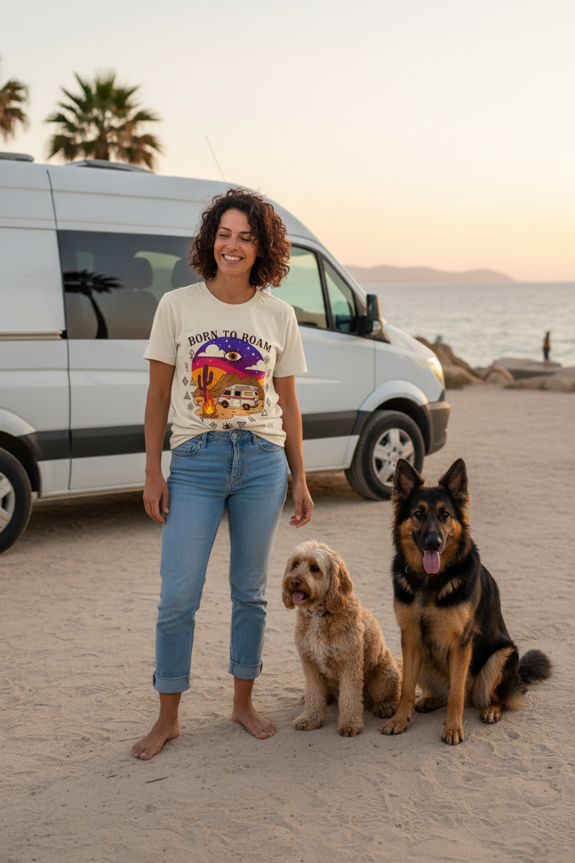 Born to roam camper van life graphic tee with Amazigh motif by Pause Caravan Collective