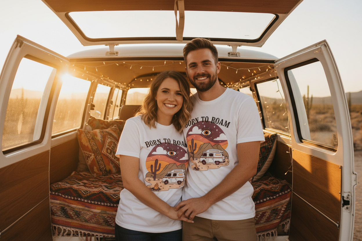 Born to roam camper van life graphic tee with Amazigh motif by Pause Caravan Collective