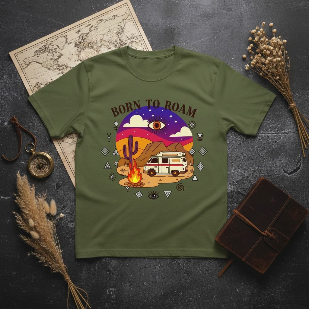 Born to roam camper van life graphic tee with Amazigh motif by Pause Caravan Collective