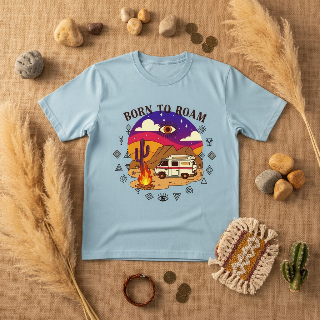 Born to roam camper van life graphic tee with Amazigh motif by Pause Caravan Collective
