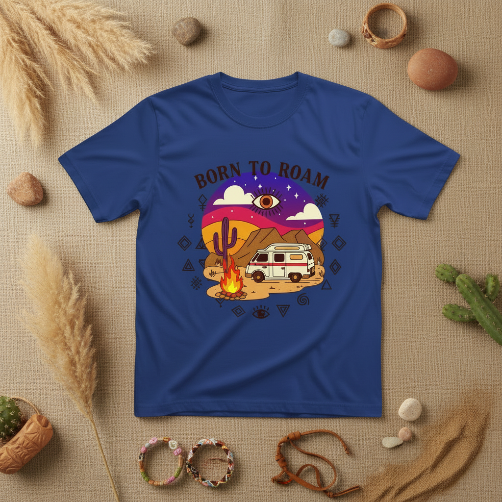 Born to roam camper van life graphic tee with Amazigh motif by Pause Caravan Collective
