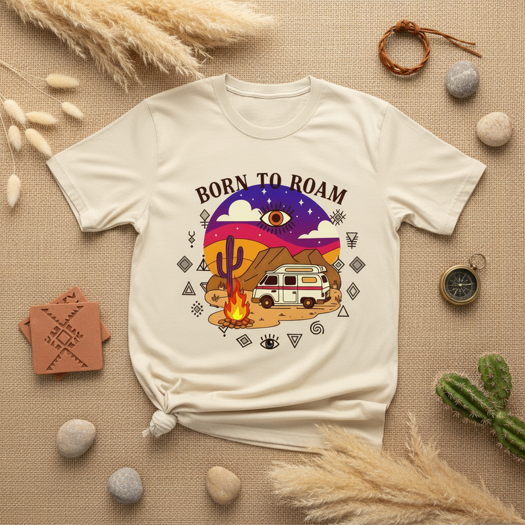 Born to roam camper van life graphic tee with Amazigh motif by Pause Caravan Collective