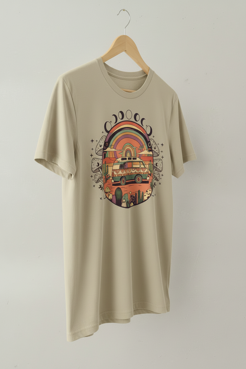 Moon chaser boho graphic tee with celestial shroom motif by Pause Caravan Collective