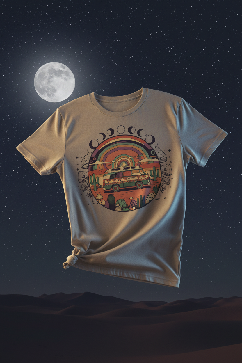 Moon chaser boho graphic tee with celestial shroom motif by Pause Caravan Collective