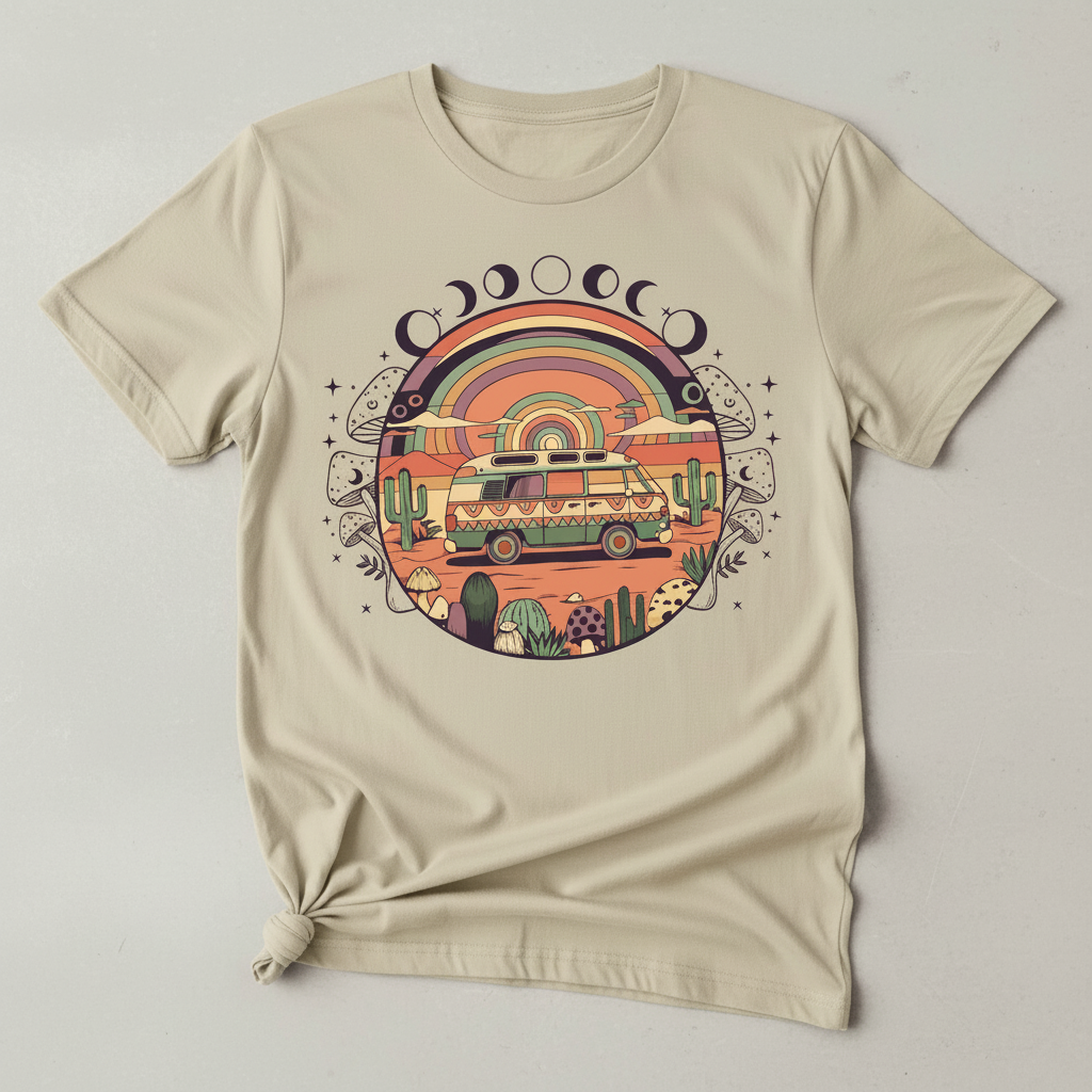 Moon chaser boho graphic tee with celestial shroom motif by Pause Caravan Collective