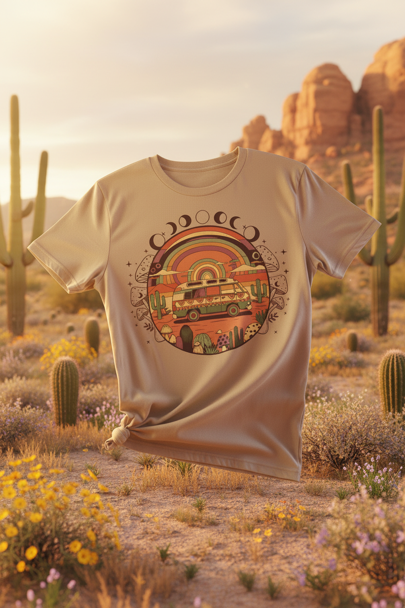Moon chaser boho graphic tee with celestial shroom motif by Pause Caravan Collective