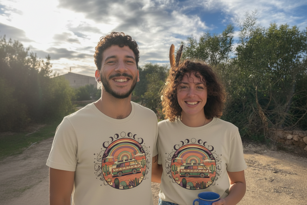 Moon chaser boho graphic tee with celestial shroom motif by Pause Caravan Collective