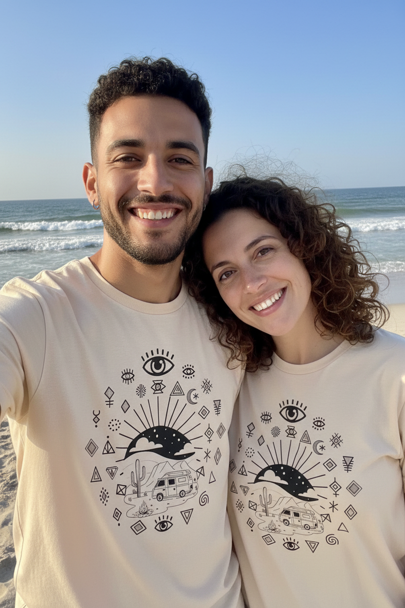 Boho van life graphic tee with desert eye Amazigh design by Pause Caravan Collective