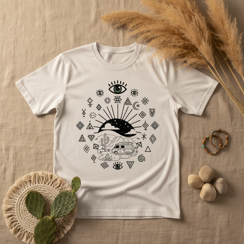 Boho van life graphic tee with desert eye Amazigh design by Pause Caravan Collective