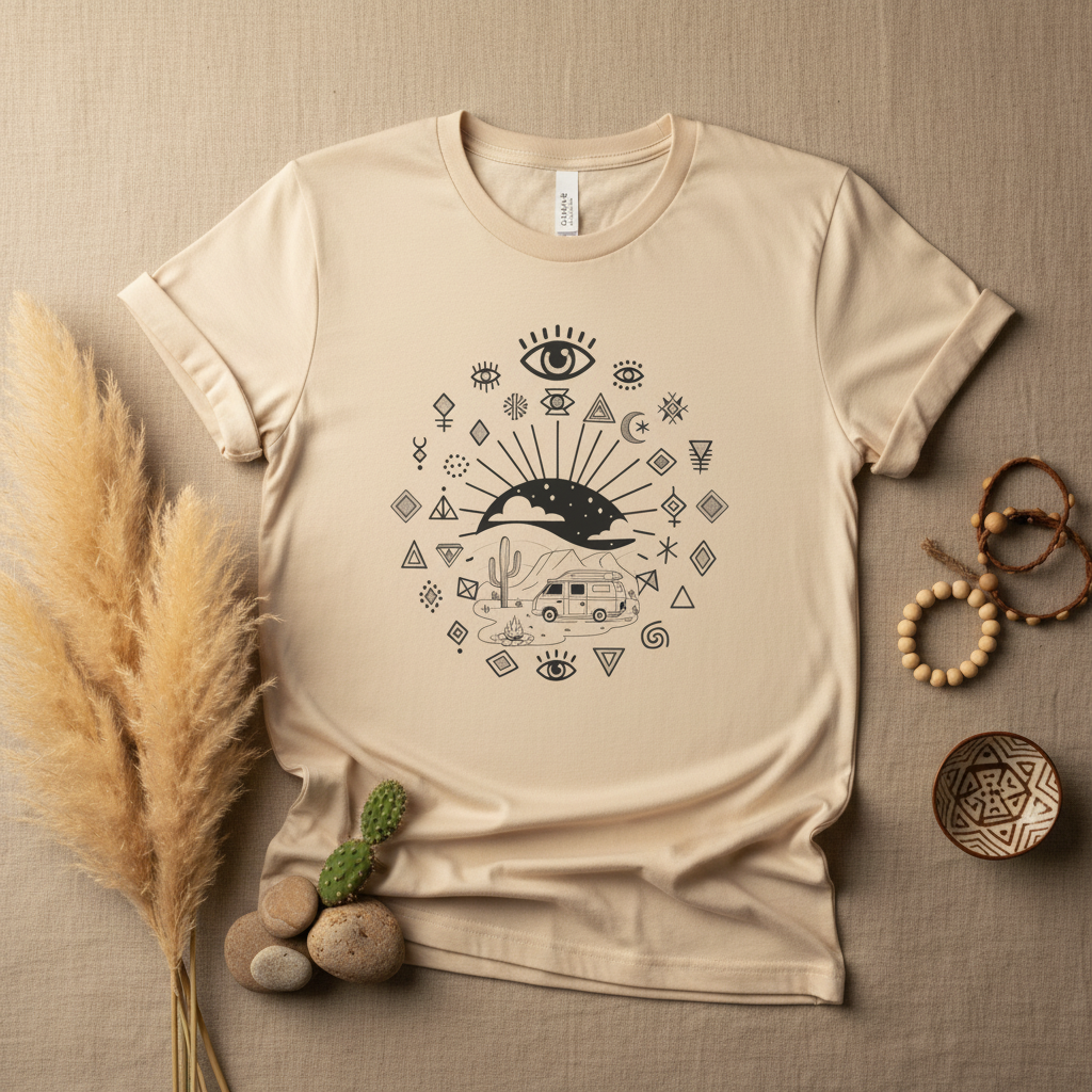 Boho van life graphic tee with desert eye Amazigh design by Pause Caravan Collective