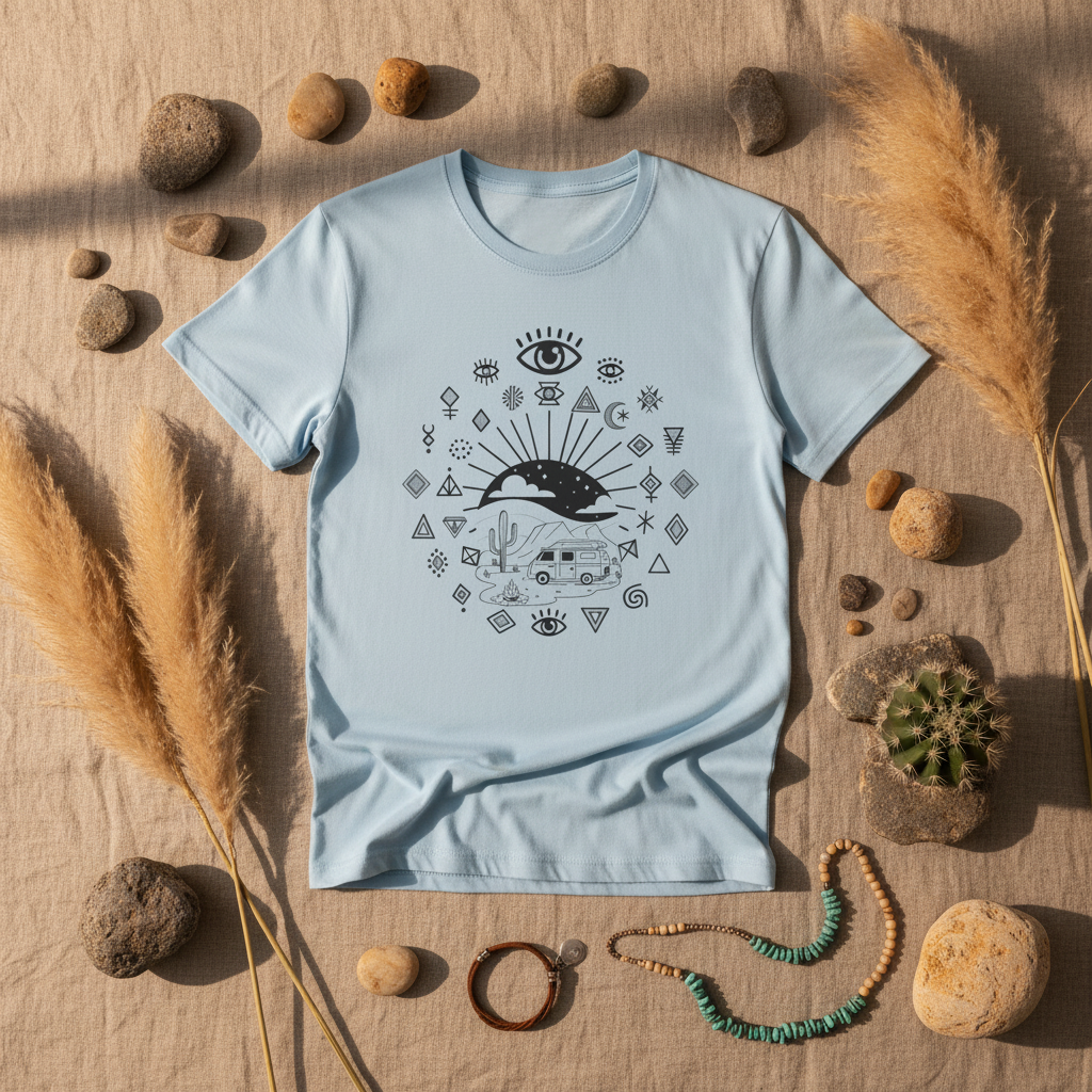 Boho van life graphic tee with desert eye Amazigh design by Pause Caravan Collective