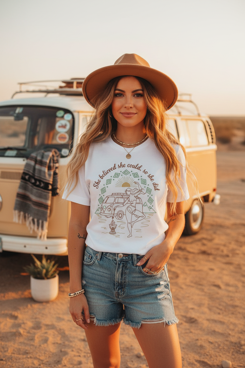 Empowering boho free woman graphic tee with Amazigh motif by Pause Caravan Collective