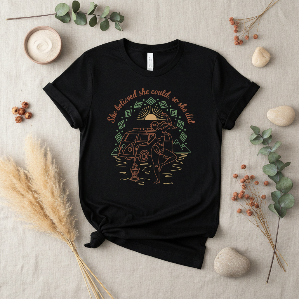Empowering boho free woman graphic tee with Amazigh motif by Pause Caravan Collective