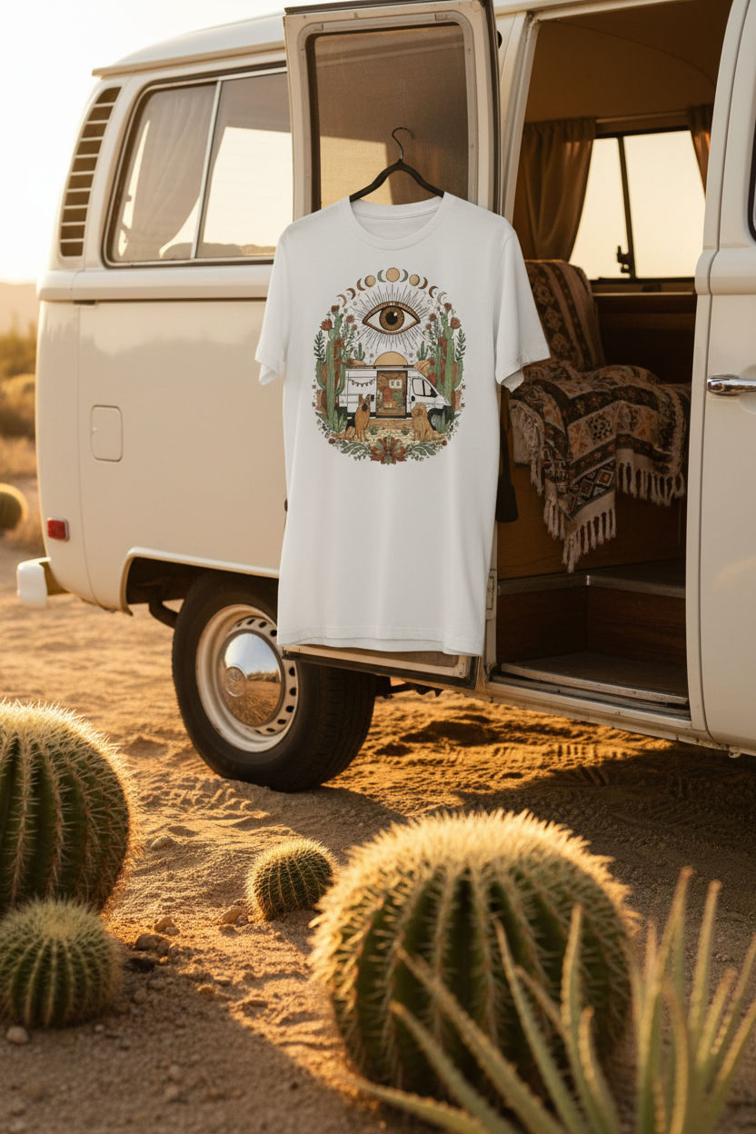 Fun van life character graphic tee by Pause Caravan Collective