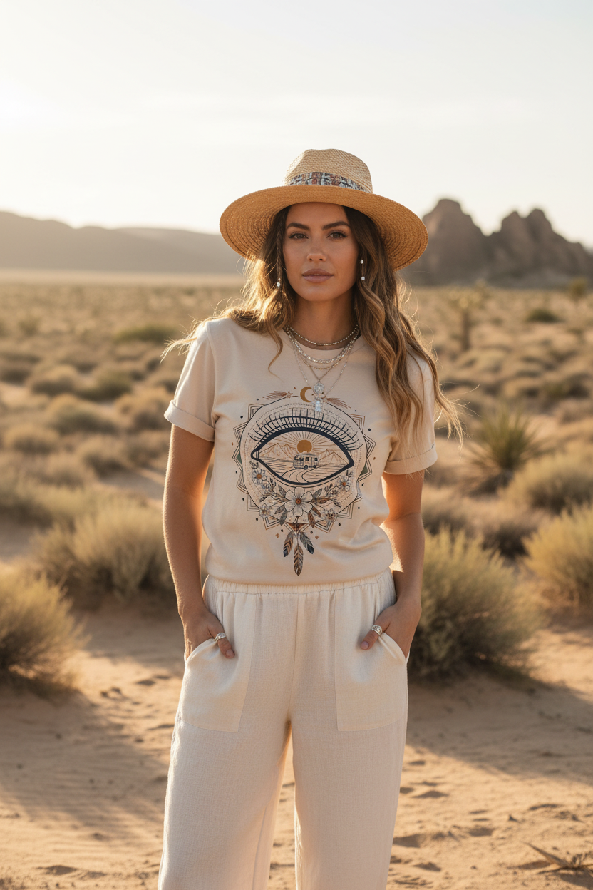 Eye of the tribe boho graphic tee with Amazigh eye symbol by Pause Caravan Collective