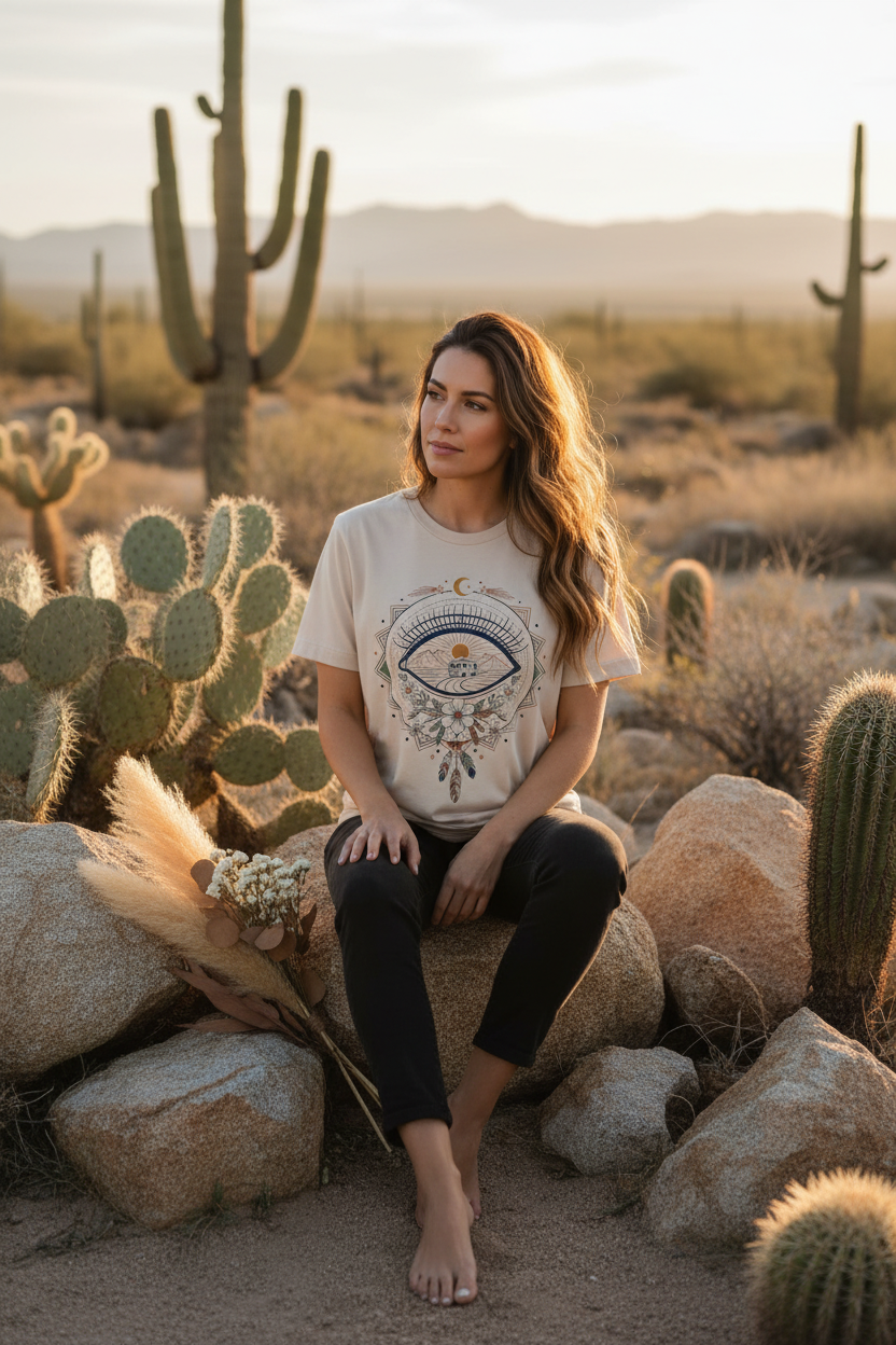 Eye of the tribe boho graphic tee with Amazigh eye symbol by Pause Caravan Collective