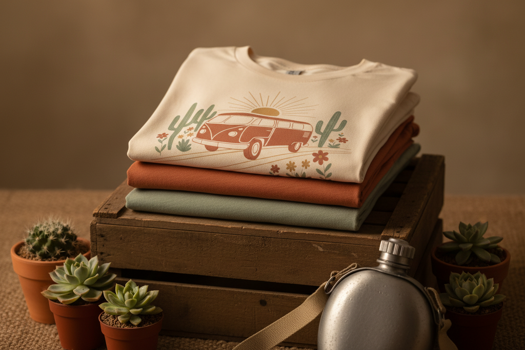 Golden hour wanderer van life graphic tee with desert sunset design by Pause Caravan Collective
