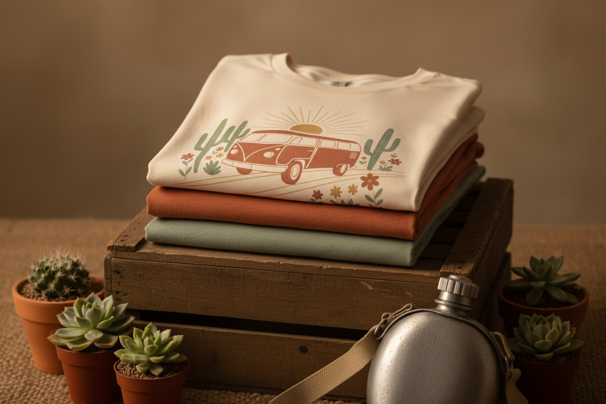 Golden hour wanderer van life graphic tee with desert sunset design by Pause Caravan Collective