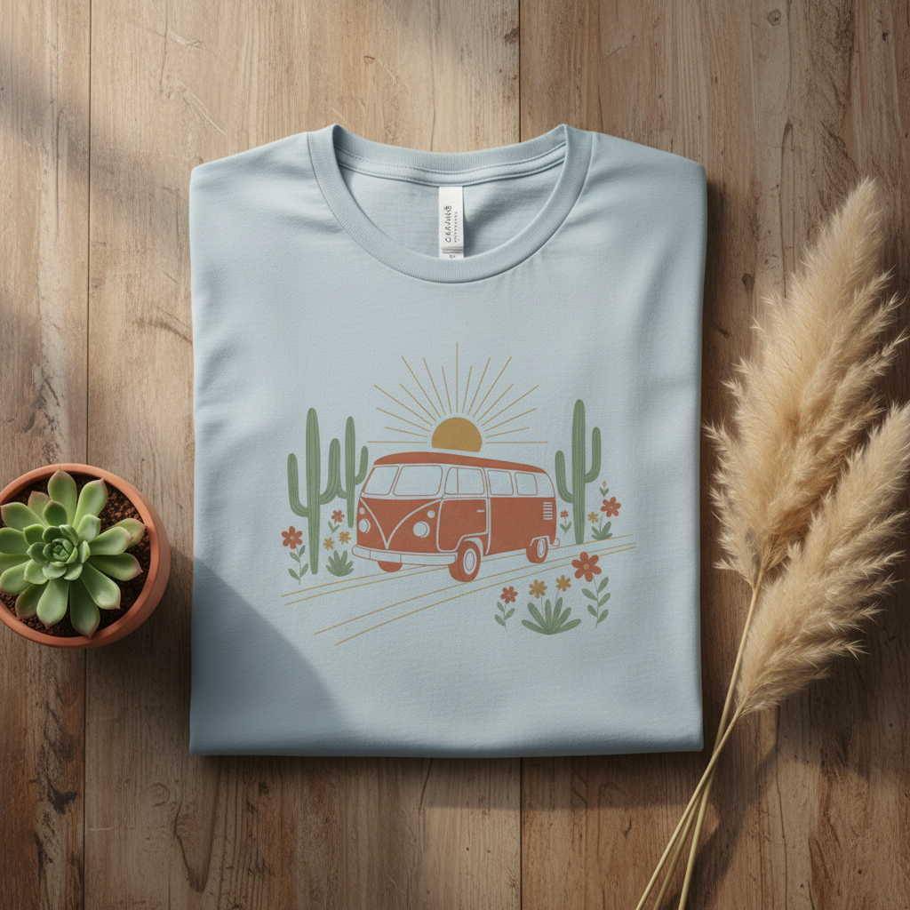 Golden hour wanderer van life graphic tee with desert sunset design by Pause Caravan Collective