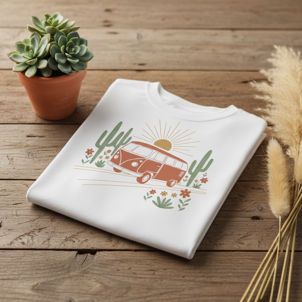 Golden hour wanderer van life graphic tee with desert sunset design by Pause Caravan Collective