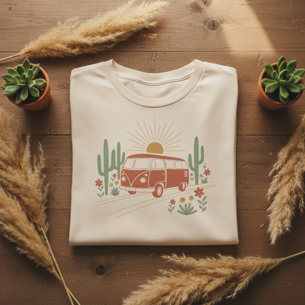 Golden hour wanderer van life graphic tee with desert sunset design by Pause Caravan Collective