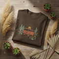 Golden hour wanderer van life graphic tee with desert sunset design by Pause Caravan Collective