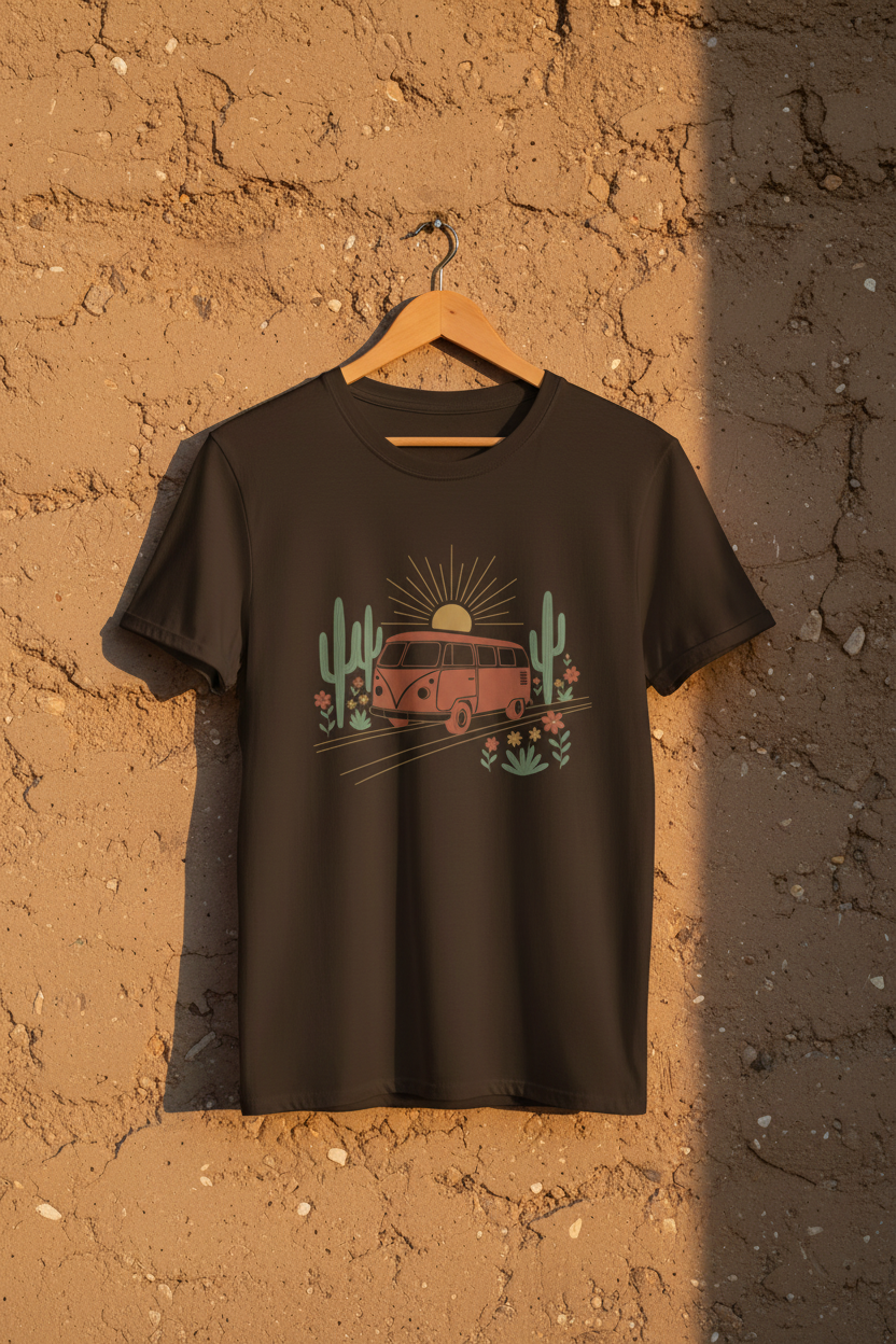 Golden hour wanderer van life graphic tee with desert sunset design by Pause Caravan Collective