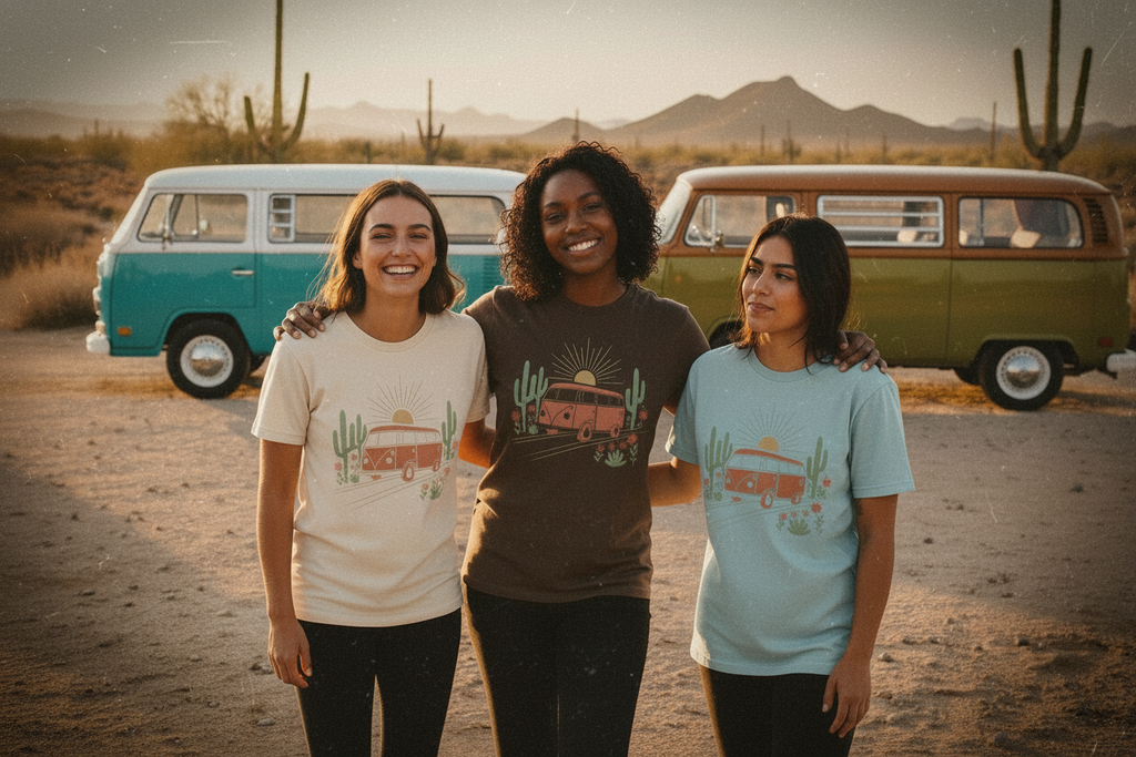 Golden hour wanderer van life graphic tee with desert sunset design by Pause Caravan Collective