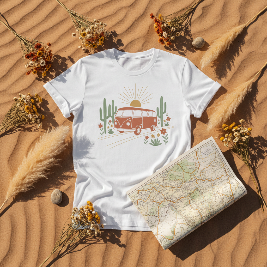 Golden hour wanderer van life graphic tee with desert sunset design by Pause Caravan Collective