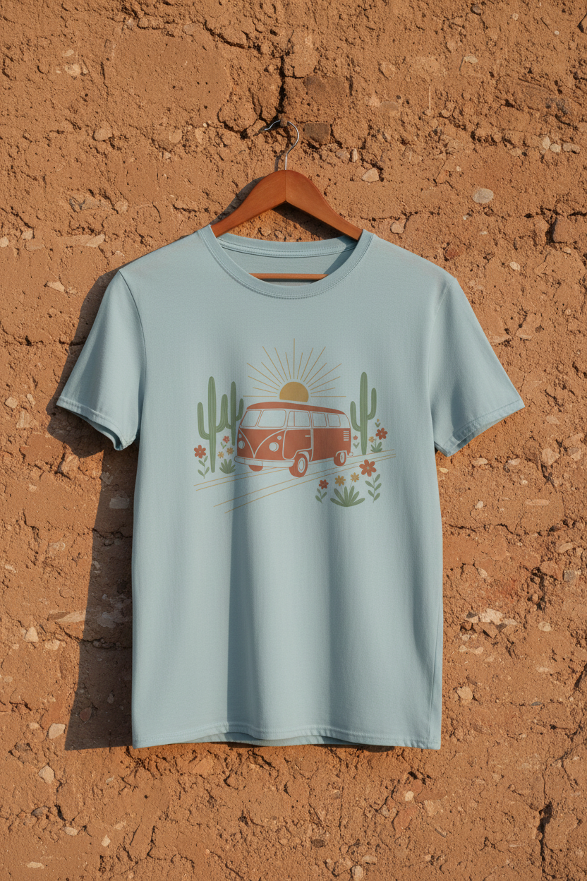Golden hour wanderer van life graphic tee with desert sunset design by Pause Caravan Collective