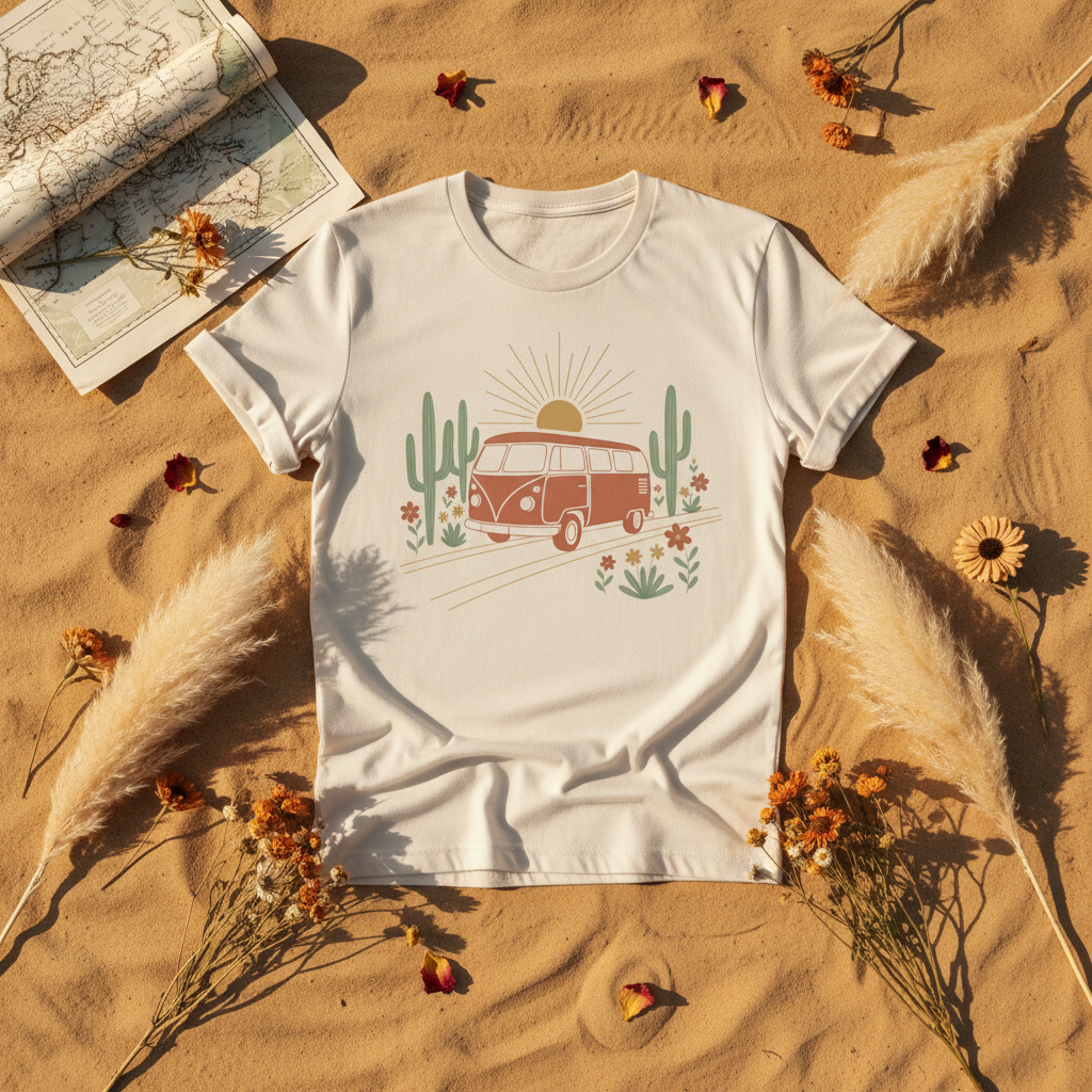 Golden hour wanderer van life graphic tee with desert sunset design by Pause Caravan Collective