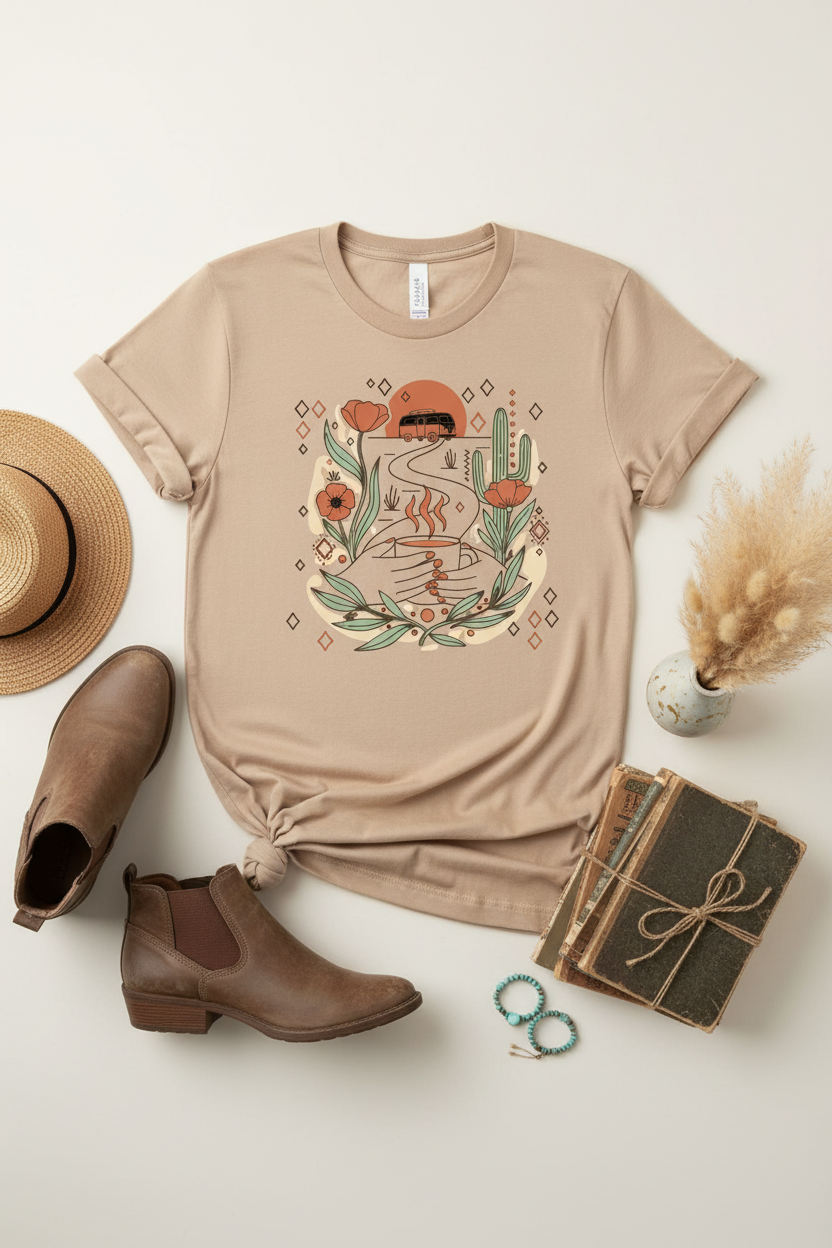 She roams free boho van life graphic tee with Amazigh-inspired art by Pause Caravan Collective