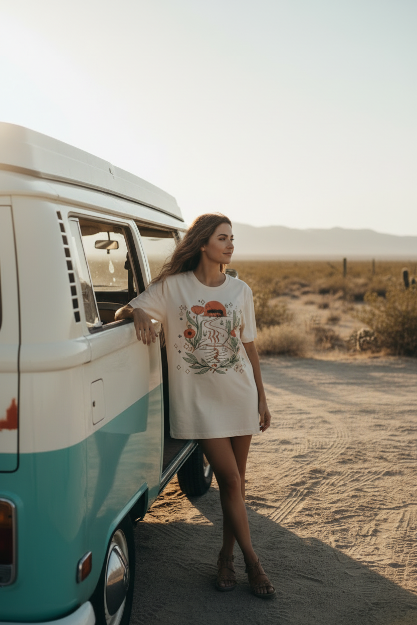 She roams free boho van life graphic tee with Amazigh-inspired art by Pause Caravan Collective