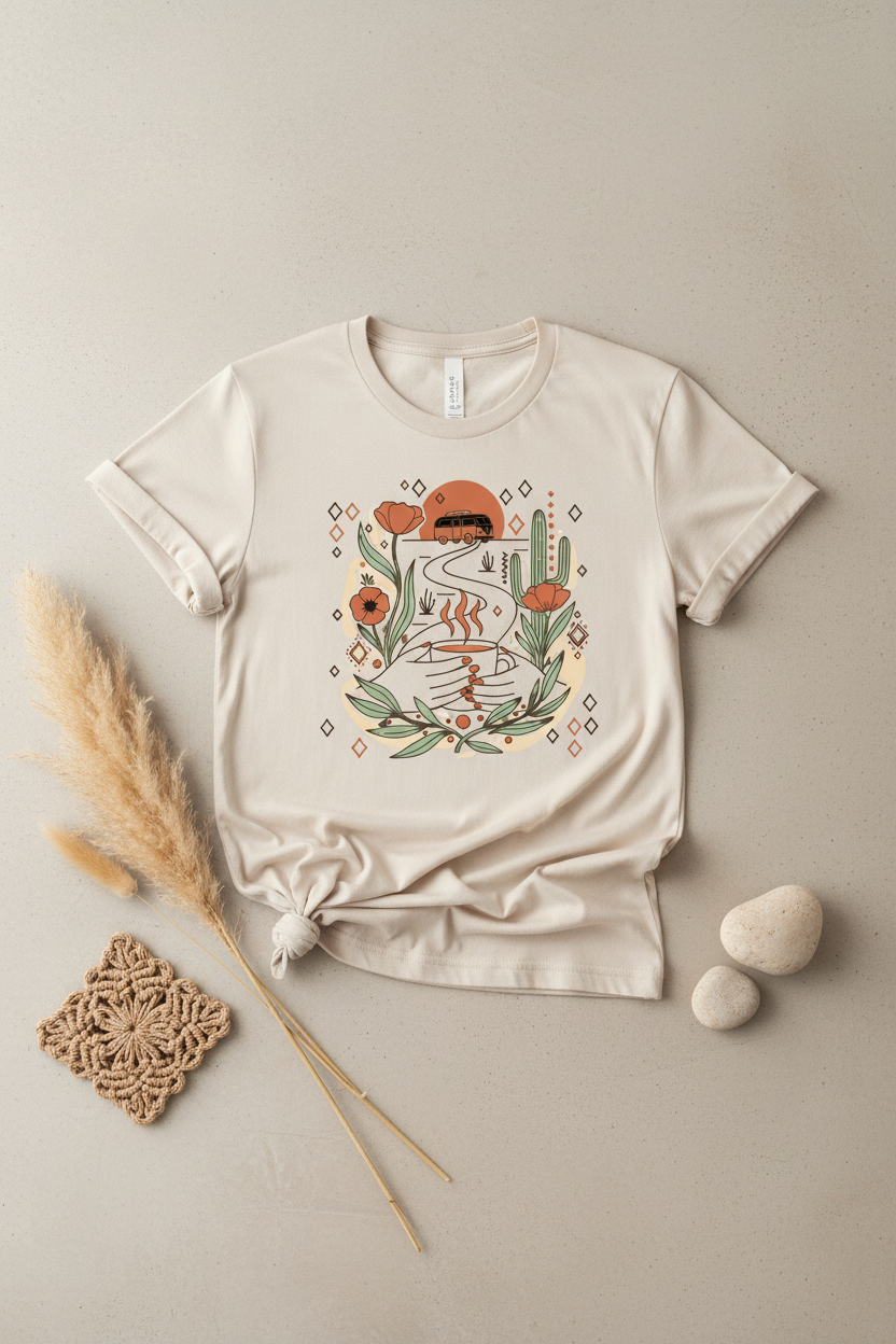 She roams free boho van life graphic tee with Amazigh-inspired art by Pause Caravan Collective