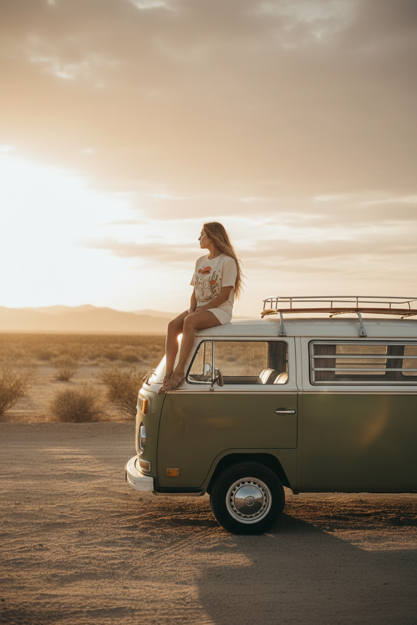 She roams free boho van life graphic tee with Amazigh-inspired art by Pause Caravan Collective