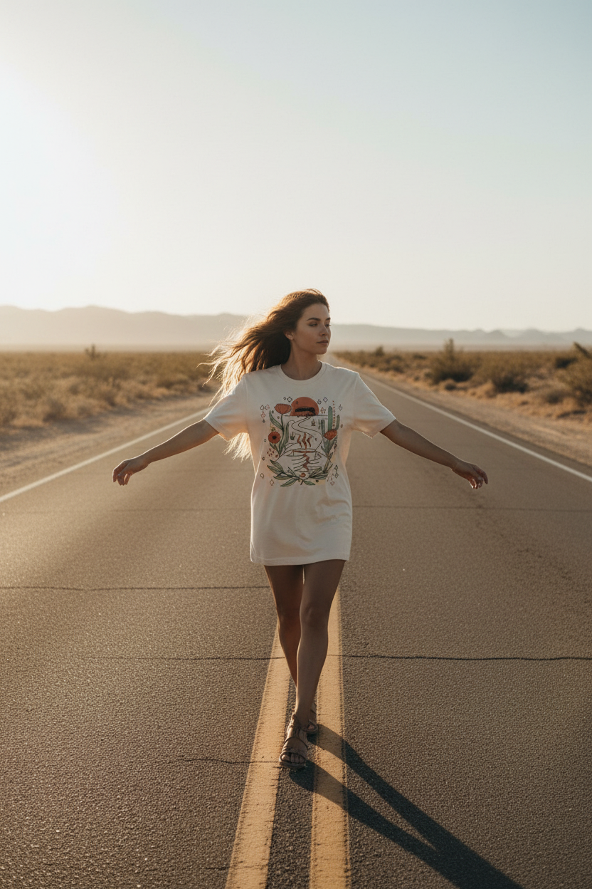 She roams free boho van life graphic tee with Amazigh-inspired art by Pause Caravan Collective