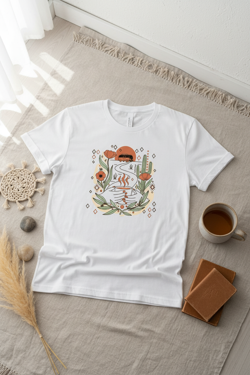 She roams free boho van life graphic tee with Amazigh-inspired art by Pause Caravan Collective