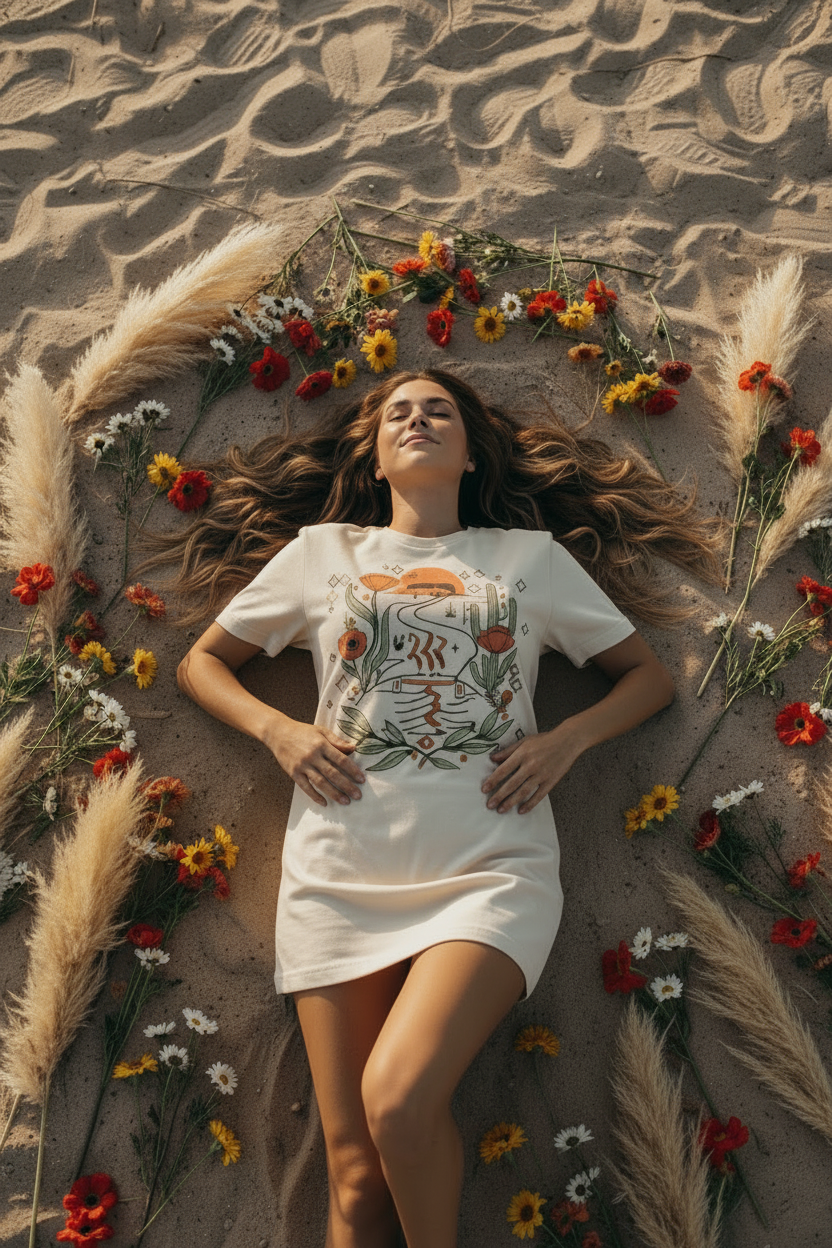 She roams free boho van life graphic tee with Amazigh-inspired art by Pause Caravan Collective