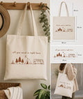 Boho canvas tote bag with camper van tent trees and campfire design by Pause Caravan Collective


