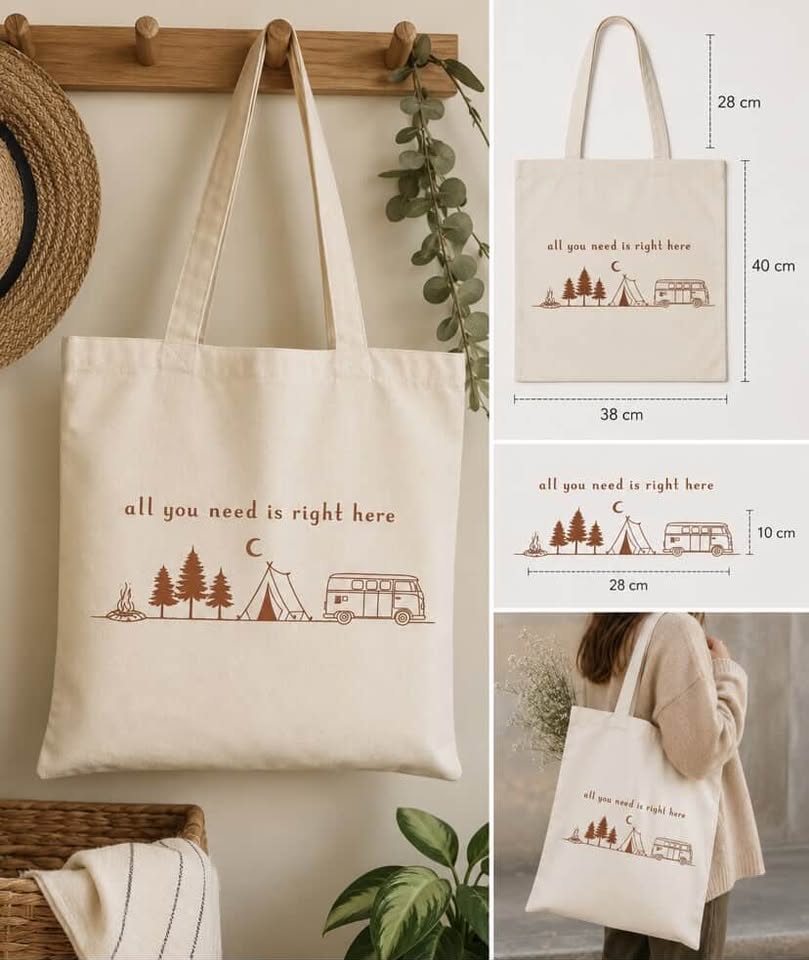 Boho canvas tote bag with camper van tent trees and campfire design by Pause Caravan Collective


