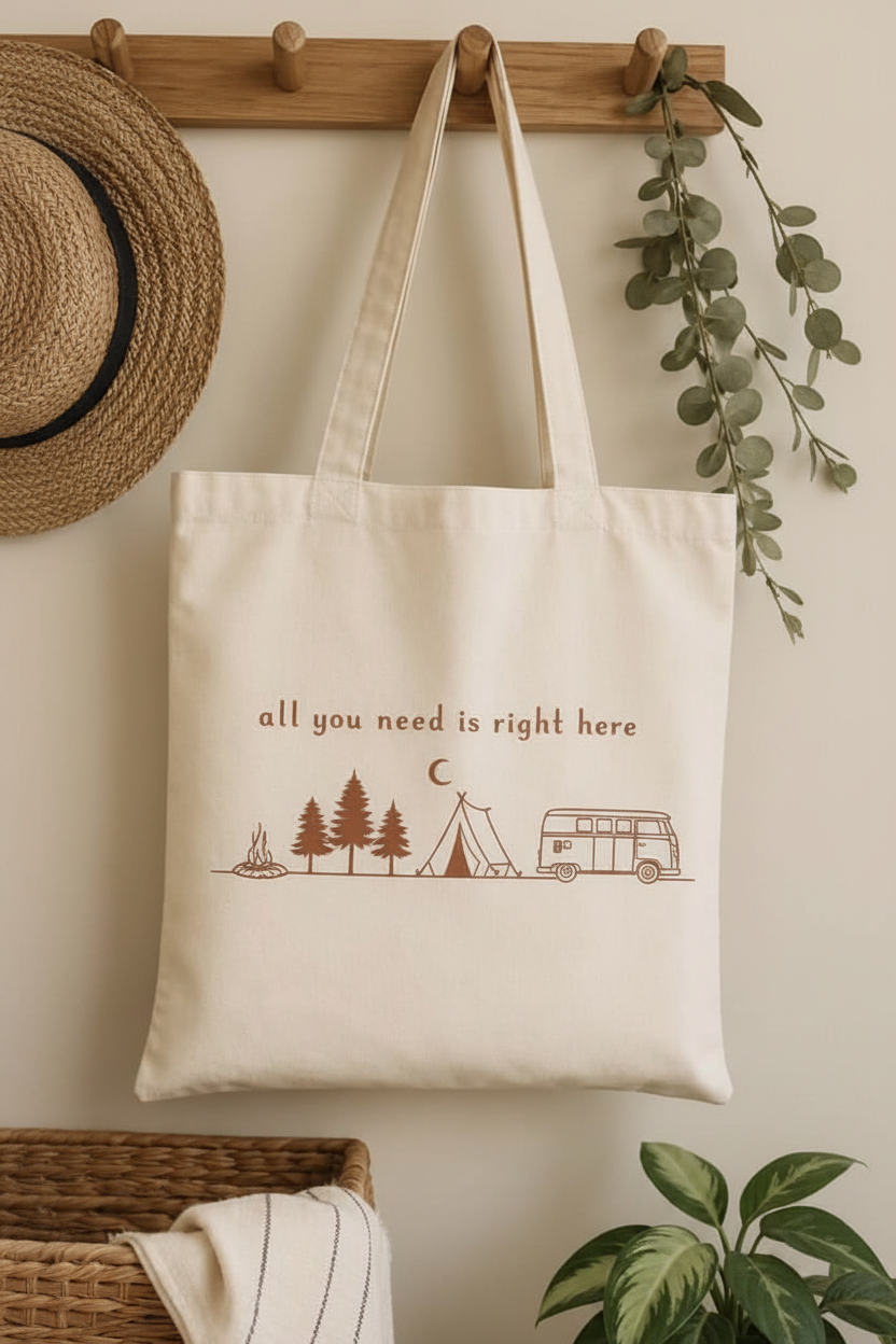 Boho canvas tote bag with camper van tent trees and campfire design by Pause Caravan Collective

