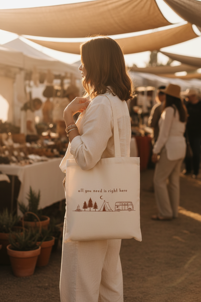 Boho canvas tote bag with camper van tent trees and campfire design by Pause Caravan Collective

