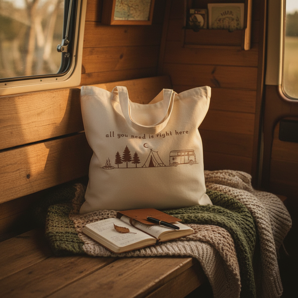 Boho canvas tote bag with camper van tent trees and campfire design by Pause Caravan Collective


