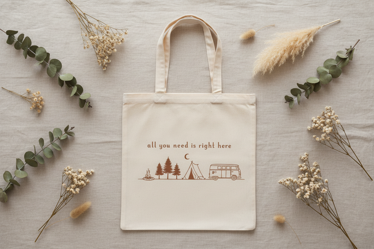 Boho canvas tote bag with camper van tent trees and campfire design by Pause Caravan Collective

