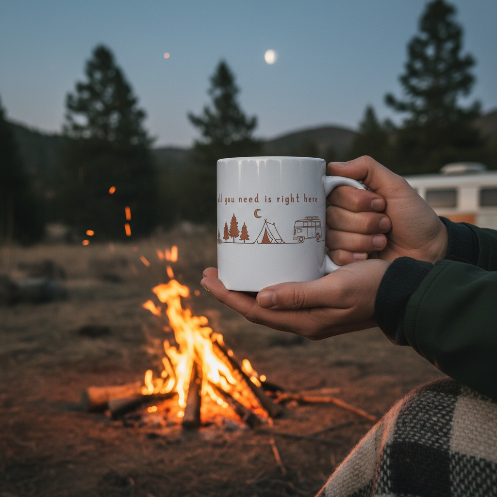 All You Need Is Right Here ceramic camping mug 11oz 15oz van life design by Pause Caravan Collective