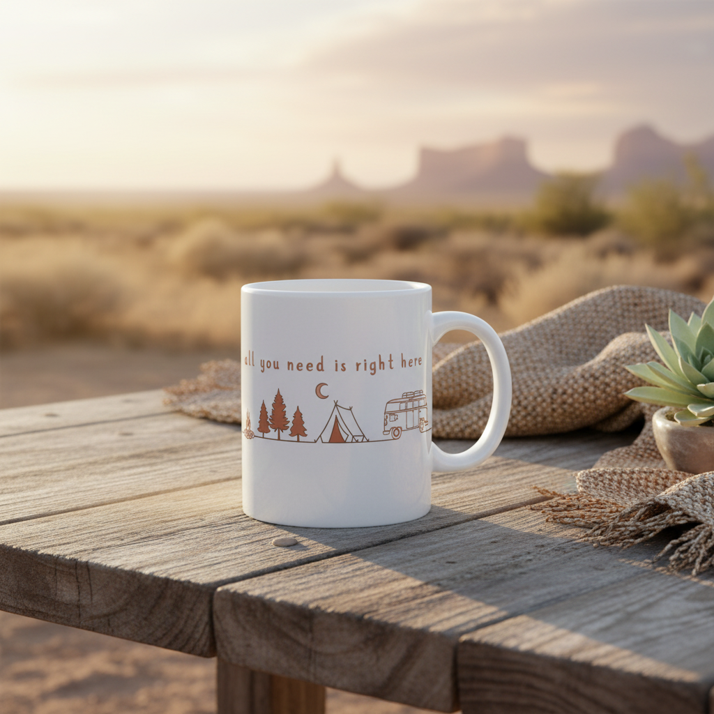All You Need Is Right Here ceramic camping mug 11oz 15oz van life design by Pause Caravan Collective