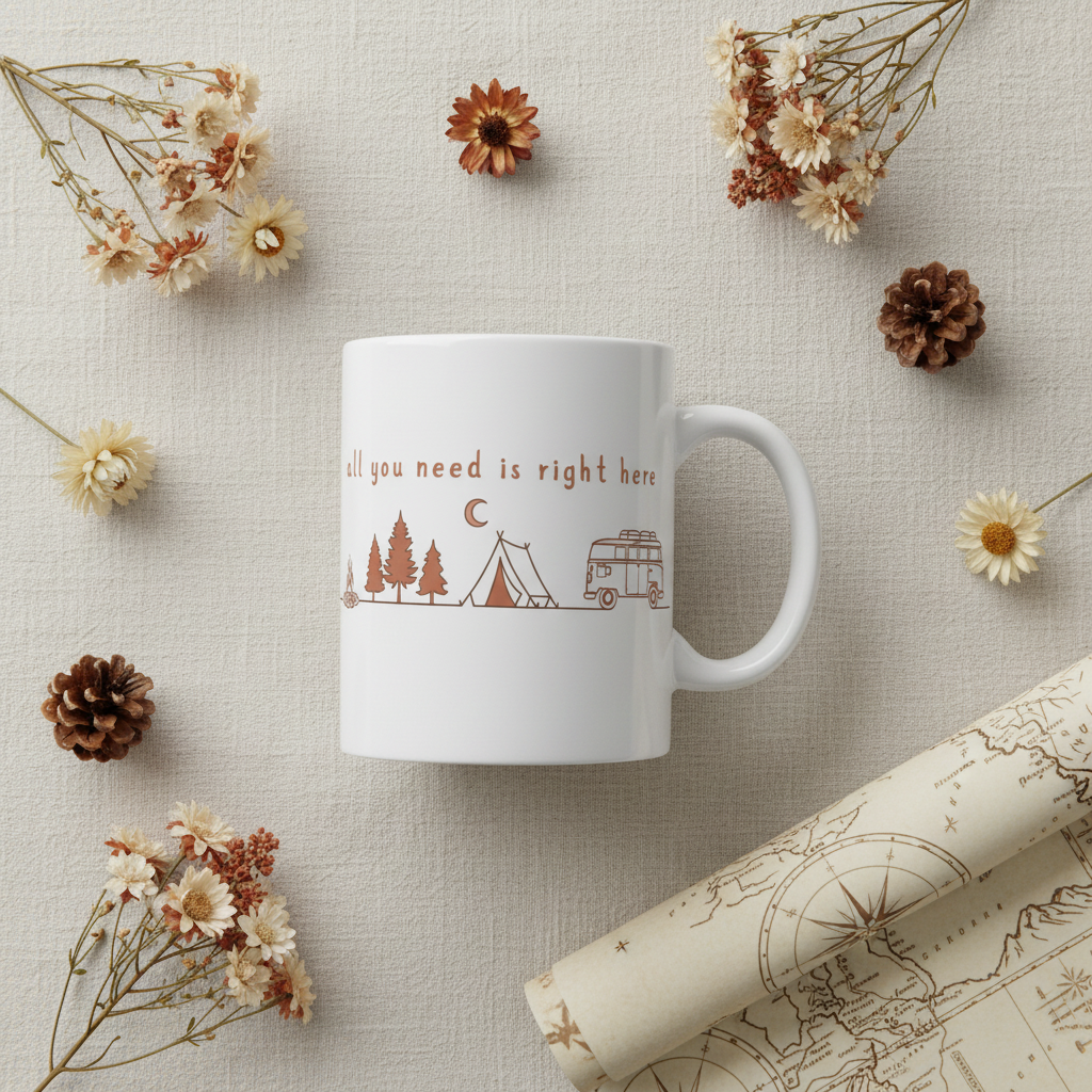 All You Need Is Right Here ceramic camping mug 11oz 15oz van life design by Pause Caravan Collective